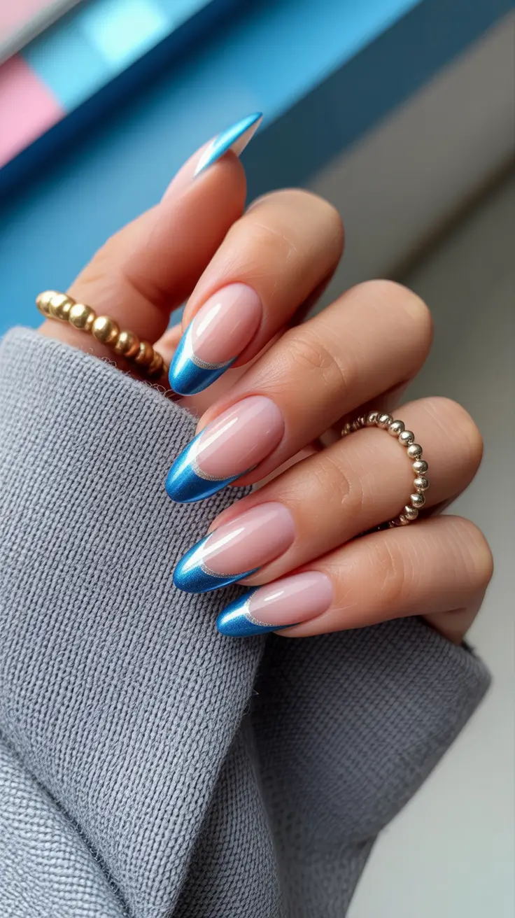 graduation nails ideas 2026 Electric Blue Chrome French for Bold Graduation Style