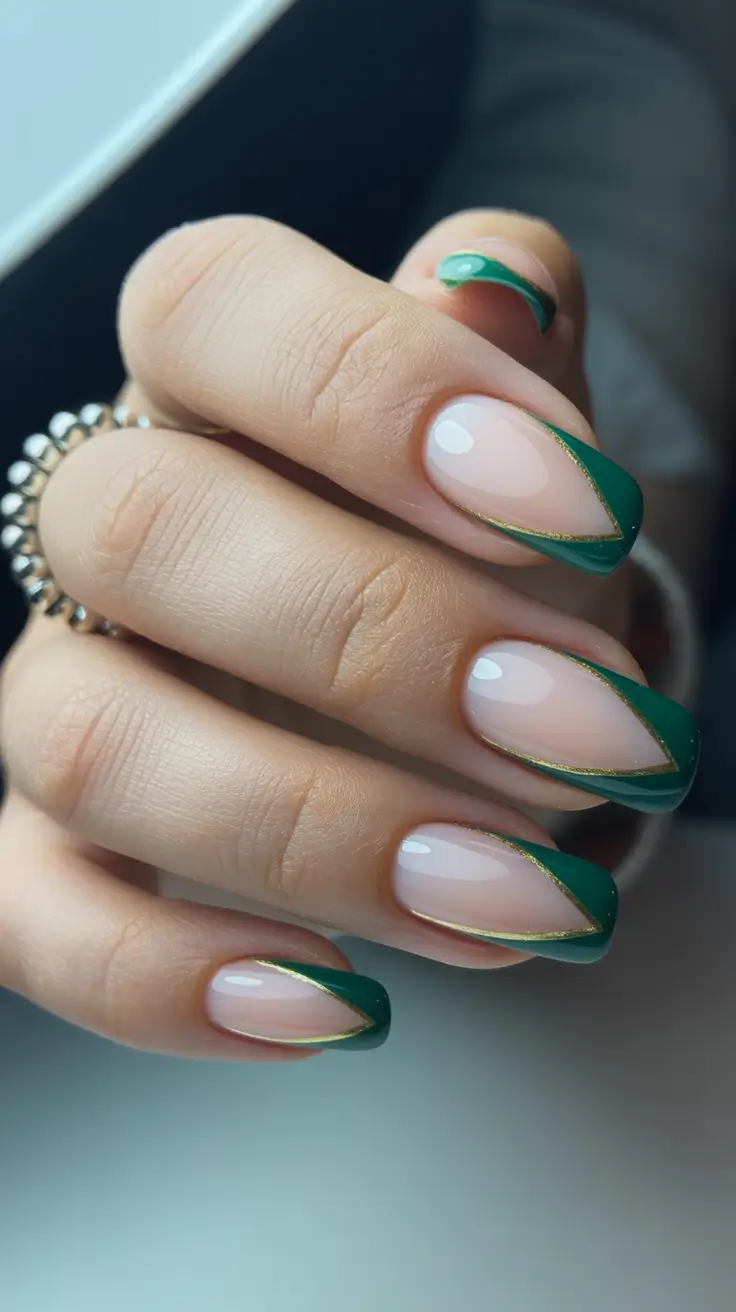 graduation nails ideas 2026 Deep Emerald French with Gold Lines for a Polished Graduation Moment