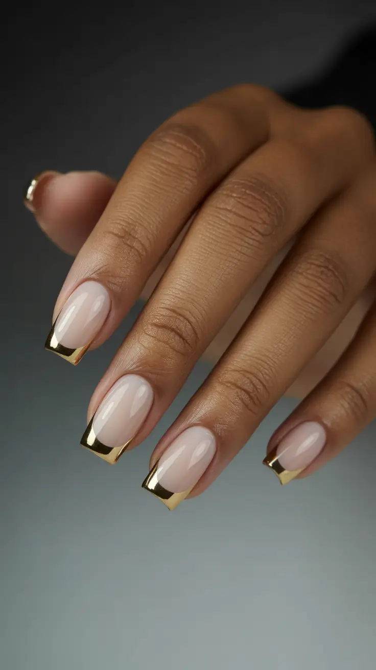 graduation nails ideas 2026 Glossy Nude Square Nails with Modern Gold Tips