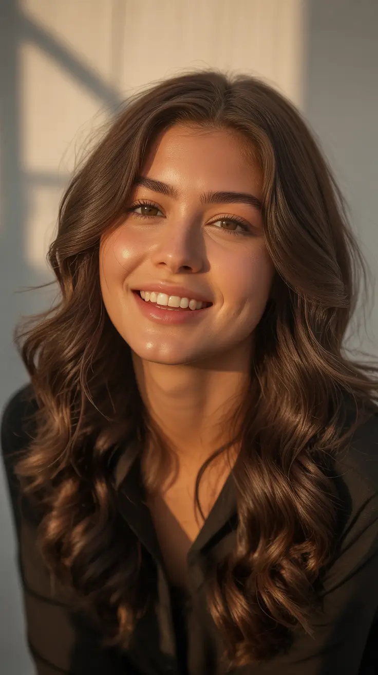 May Hair Color Ideas 2026 Golden Chestnut Shine with Romantic Curl Definition