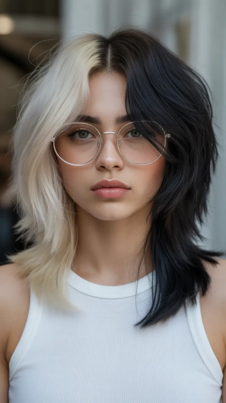 May Hair Color Ideas 2026 Bold Split Dye Contrast with Alternative Edge