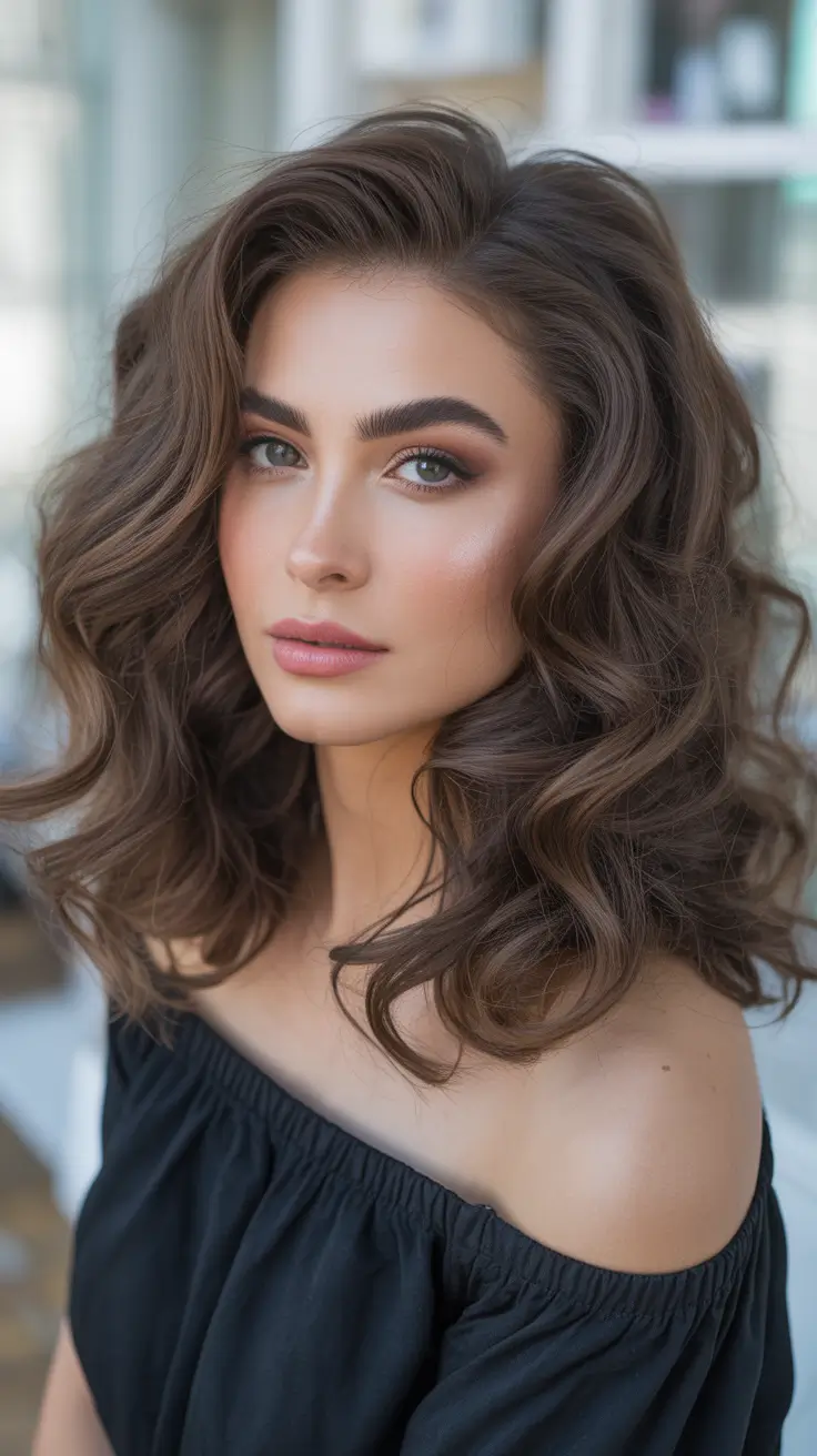 May Hair Color Ideas 2026 Voluminous Mocha Waves with Natural Depth