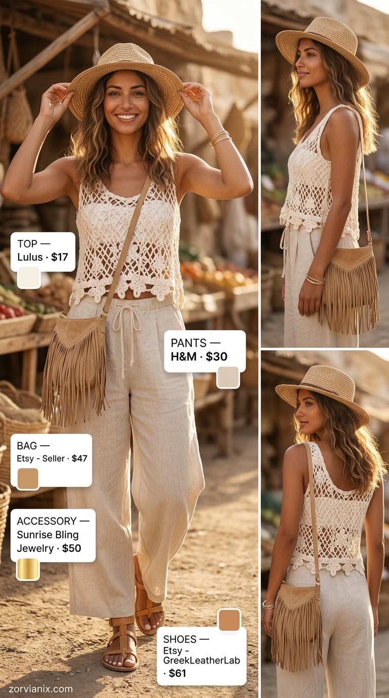 Bohemian summer linen pants for women 2026 styled with a crochet top and gladiator sandals.