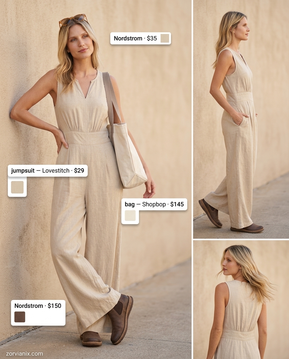 Effortless summer jumpsuit alternative to boots: Linen jumpsuit with sunglasses and canvas tote for a chic look.