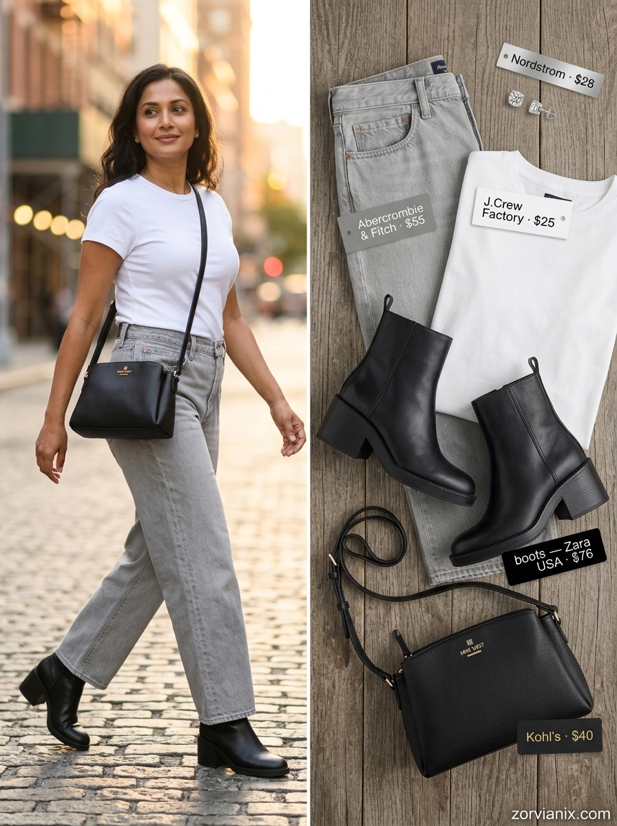 Comfortable summer jeans alternative to boots: Straight-leg jeans, knit tee, and black ankle boots for travel.