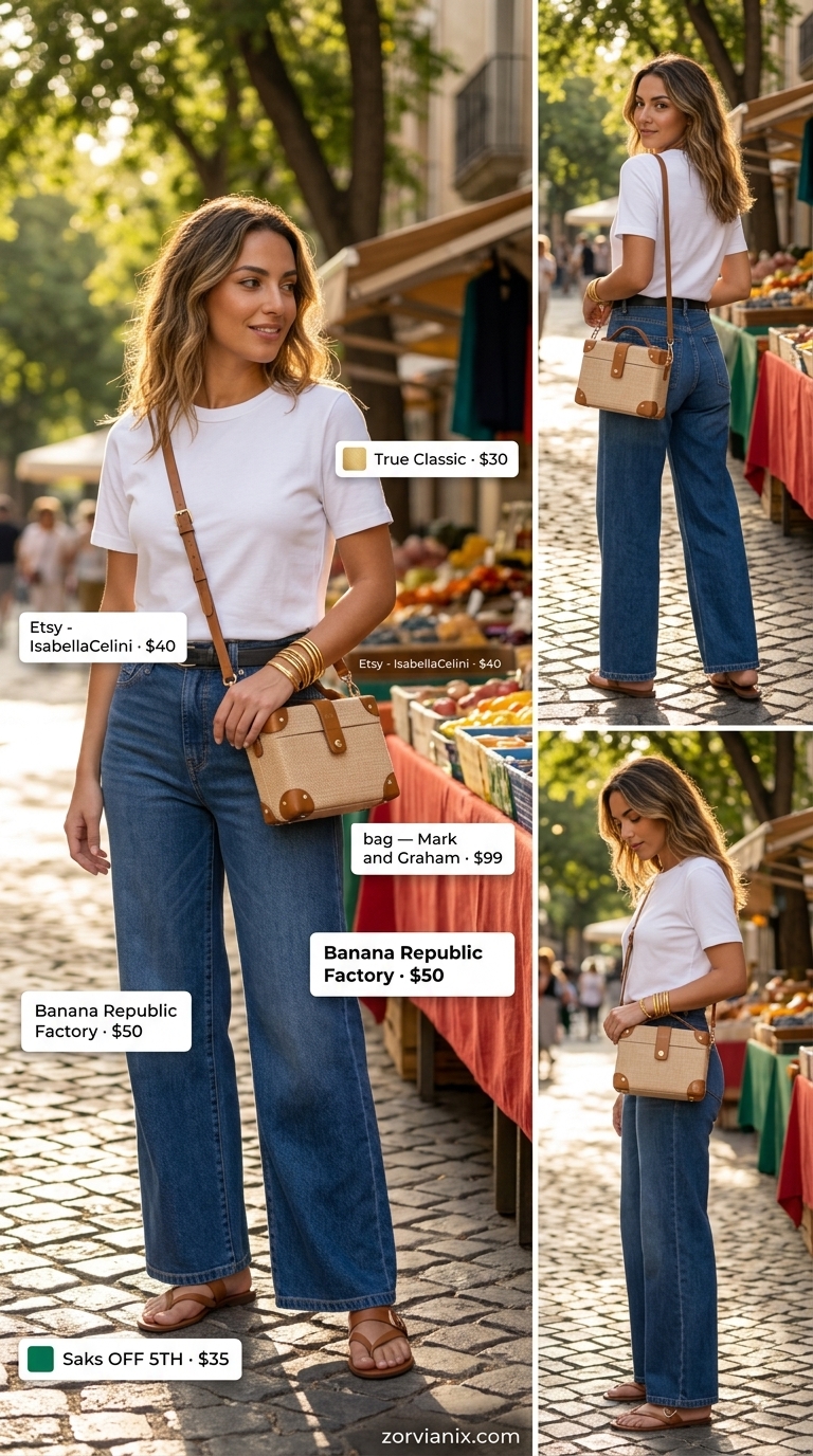 Alternative: Wide leg jeans with sunset skirt and white tee for summer evening.