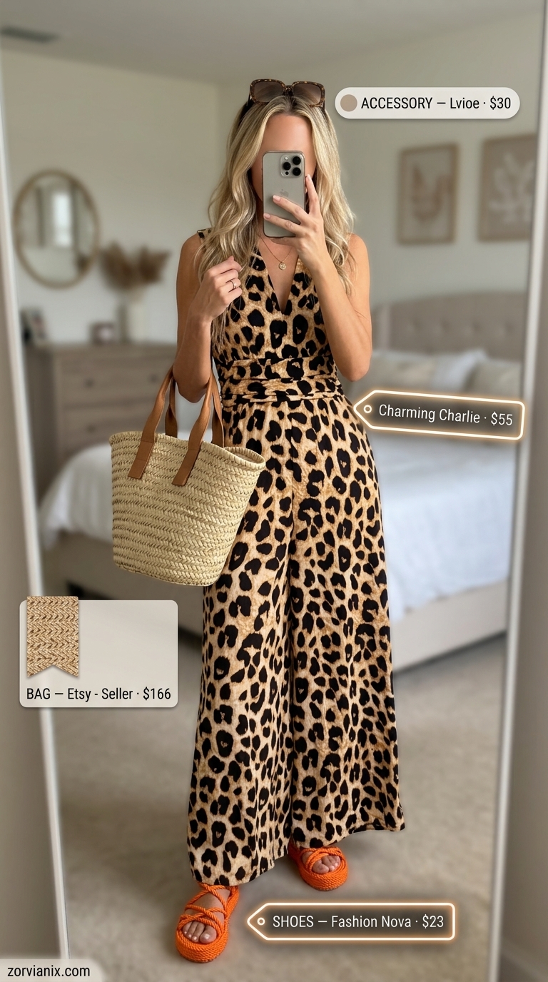Bold animal print summer outfits for women 2026: Tan cheetah print jumpsuit with espadrille sandals and straw tote.