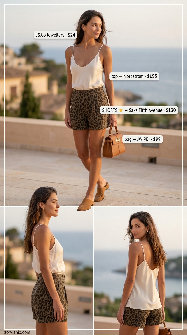Cheetah print shorts with silk camisole and gold belt for animal print summer outfits for women 2026.