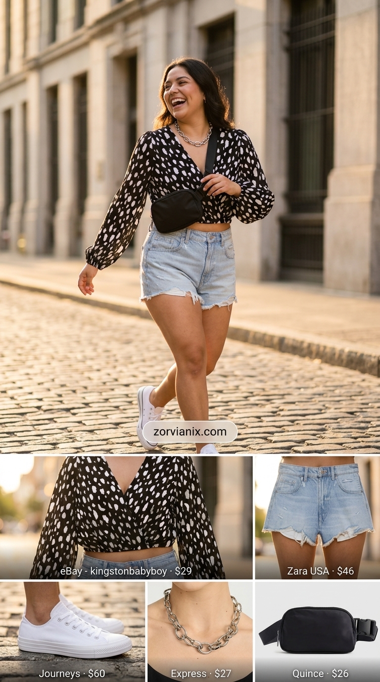 Trendy animal print summer outfits for women 2026: Dalmatian print crop top with distressed denim shorts and sneakers.