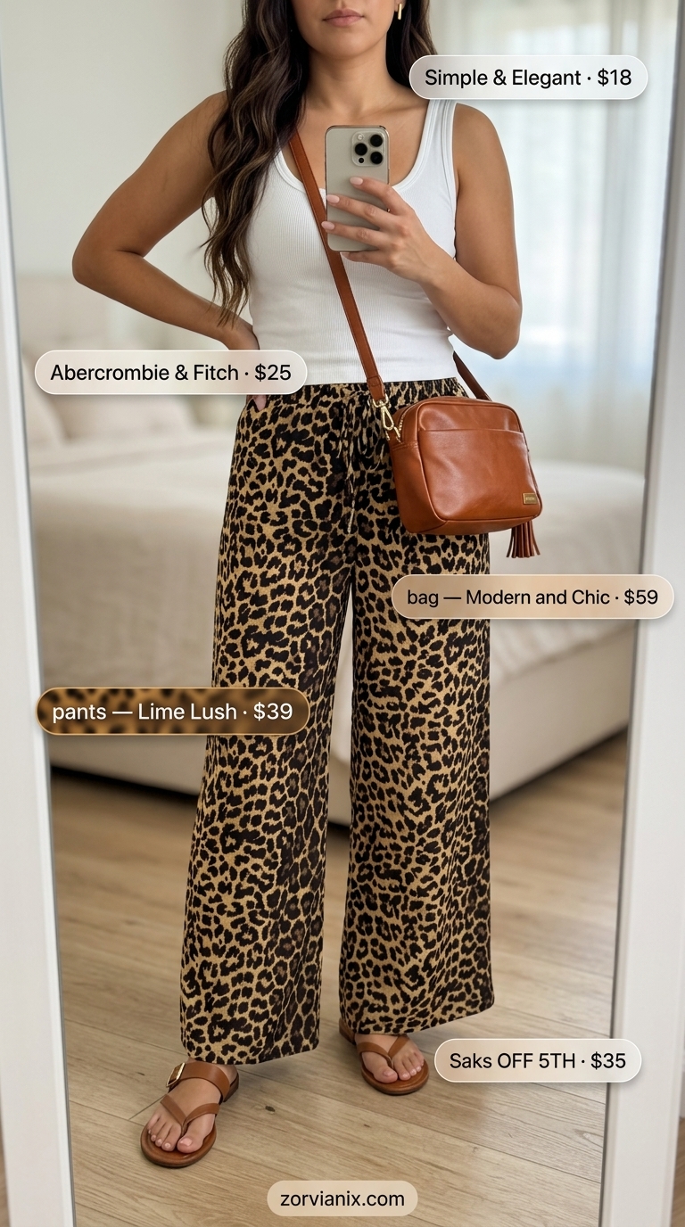 Effortless animal print summer outfits for women 2026: Beige leopard print linen pants with white tank and leather sandals.