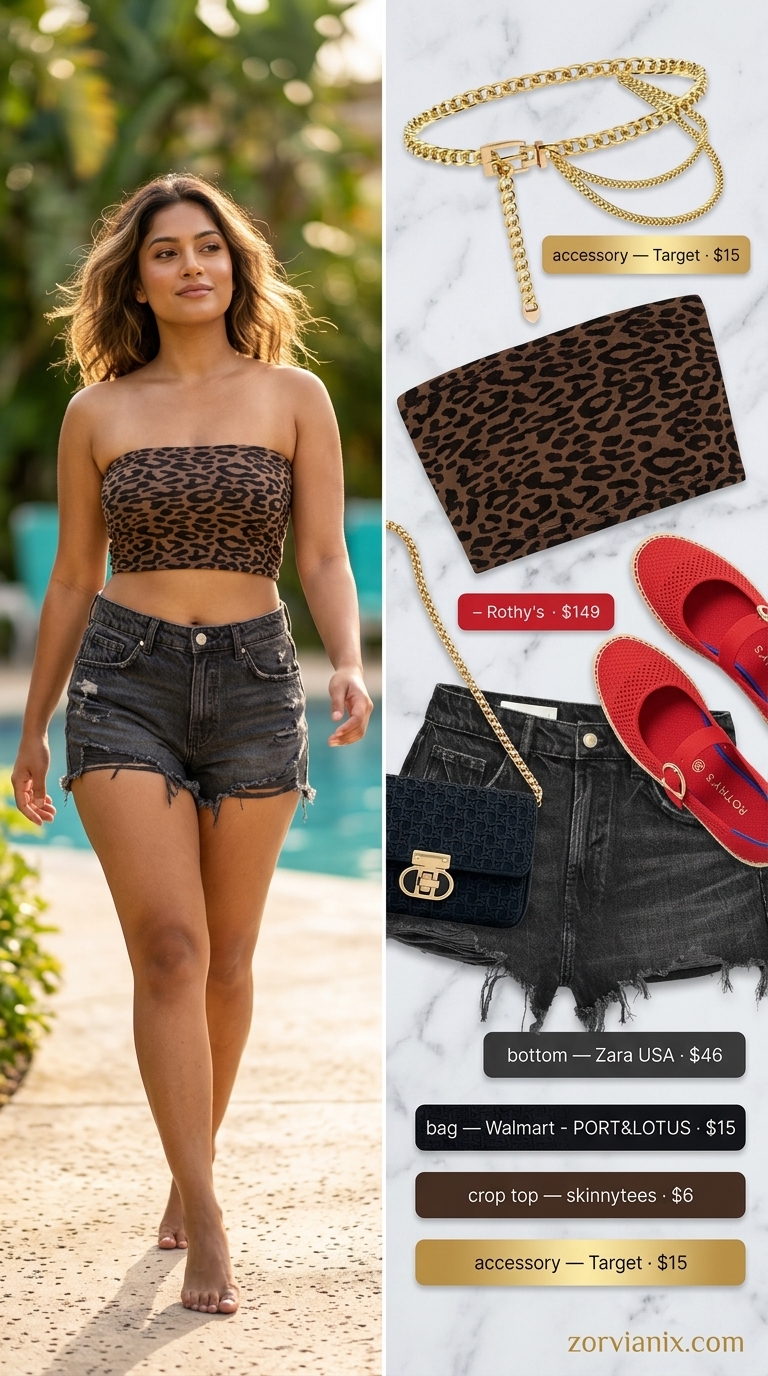 Leopard print bandeau crop top with denim shorts for animal print summer outfits for women 2026.