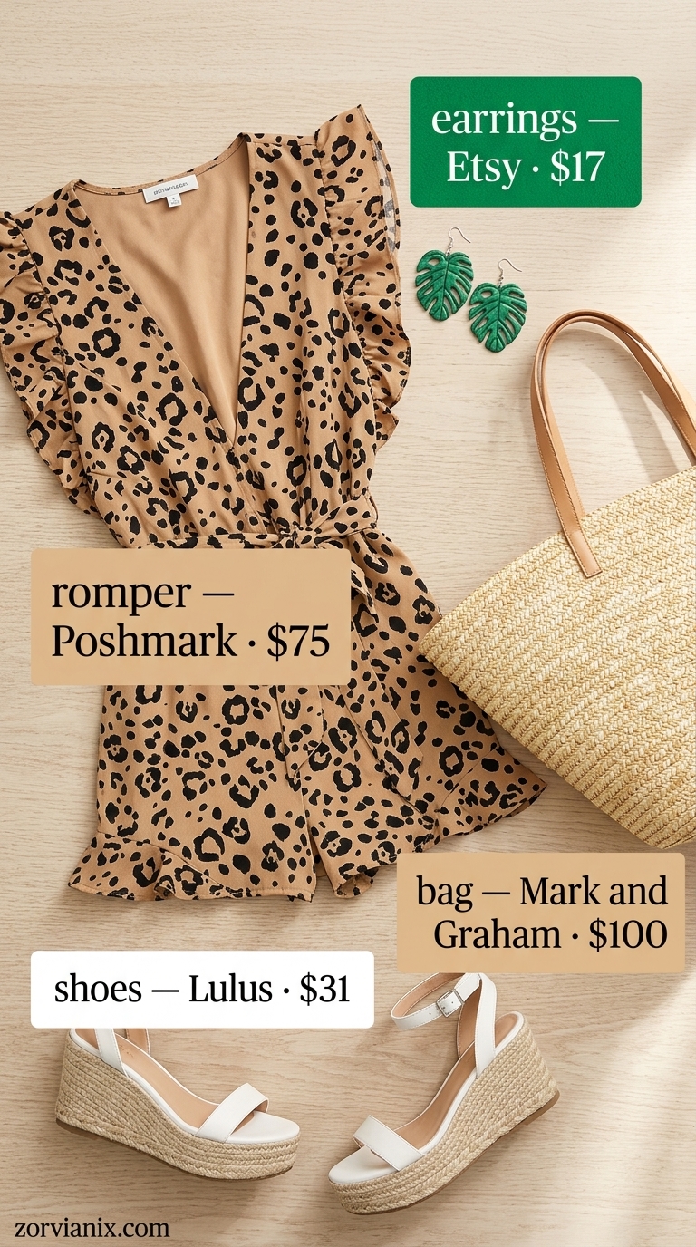 Leopard print romper with straw tote and espadrille wedges for animal print summer outfits for women 2026.