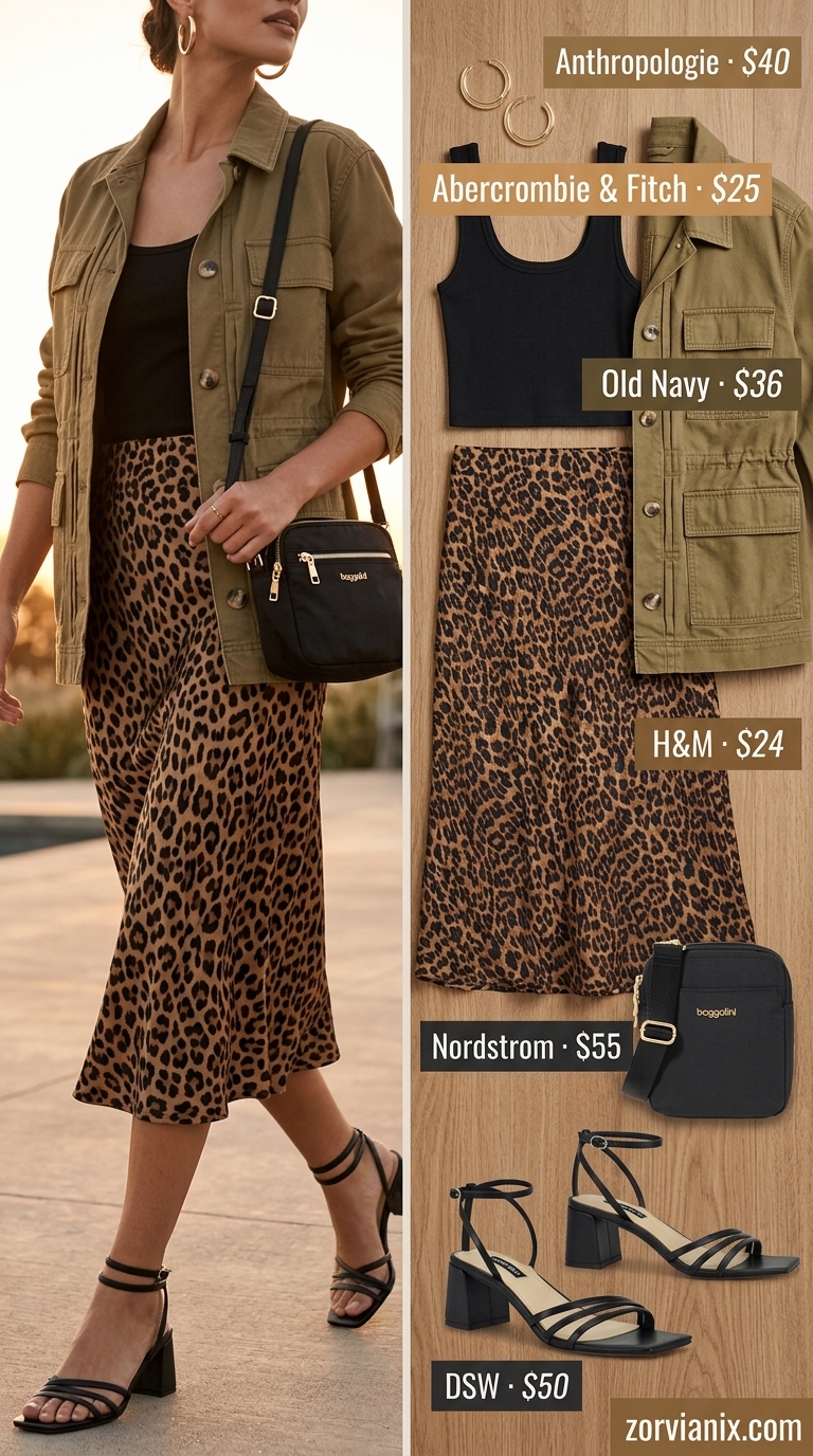 Leopard print midi skirt with utility jacket for animal print summer outfits for women 2026.