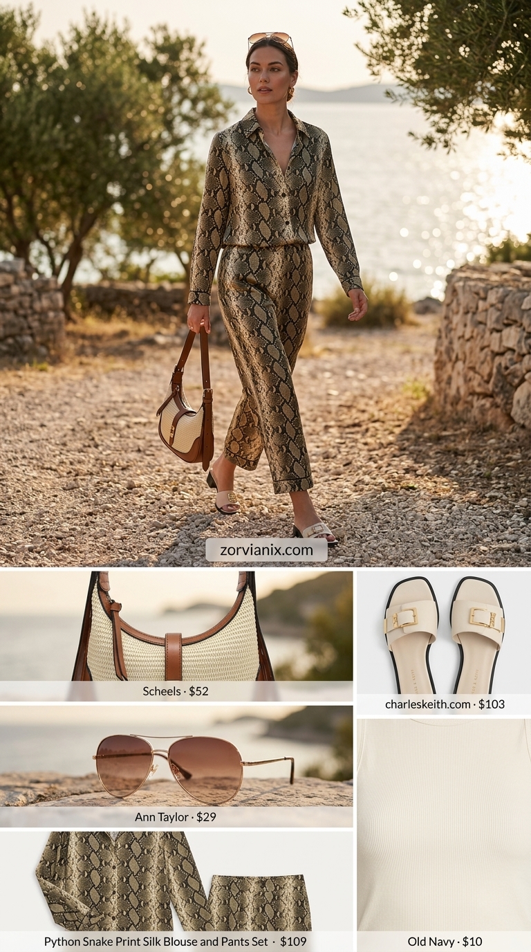 Chic animal print summer outfits for women 2026: Olive python print co-ord set with cream tank and leather slides.