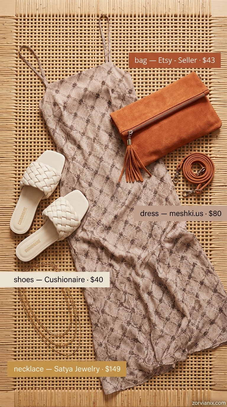 Snake print maxi dress with straw hat and layered necklaces for animal print summer outfits for women 2026.