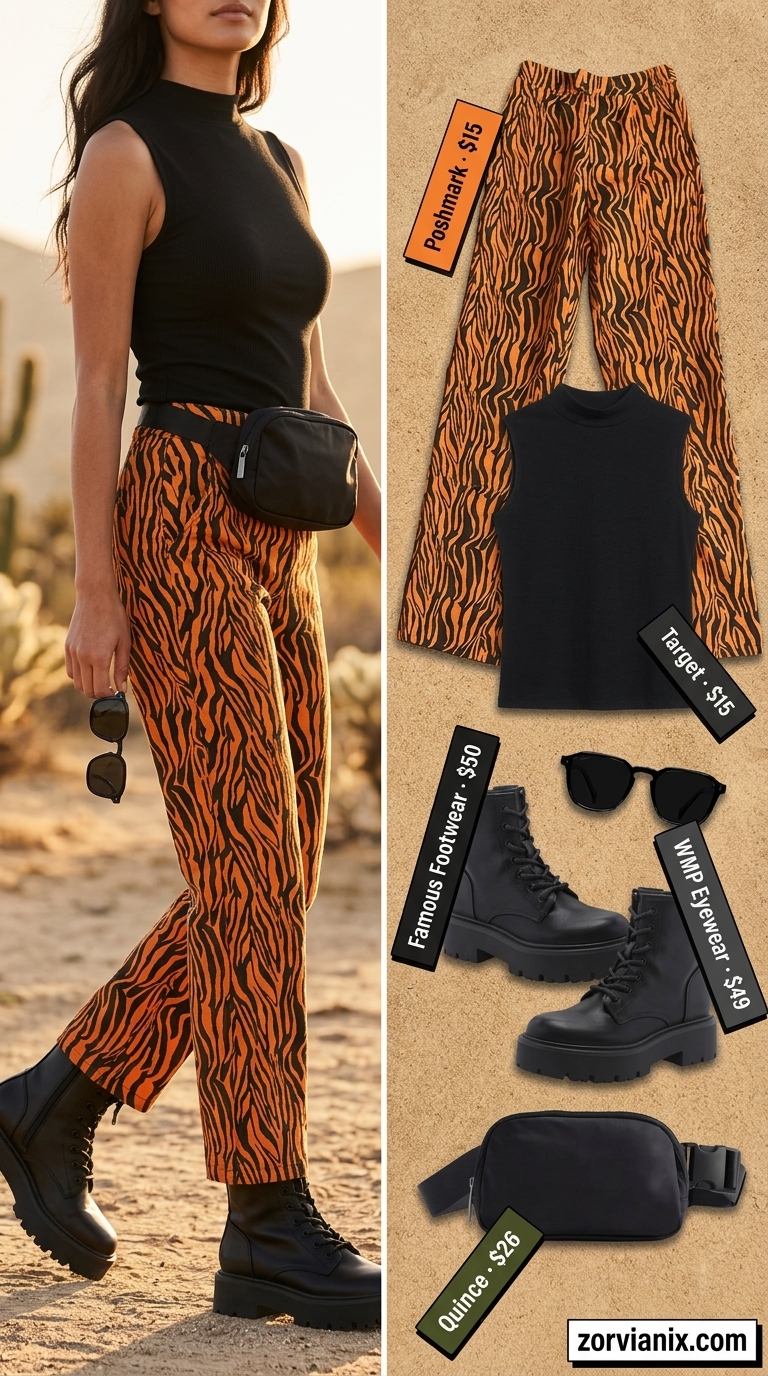 Tiger print cargo pants with mock neck tank and combat boots for animal print summer outfits for women 2026.