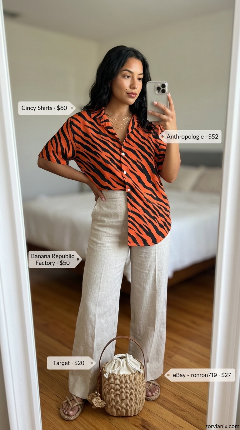 Relaxed animal print summer outfits for women 2026: Burnt orange tiger stripe shirt with linen pants and raffia bag.