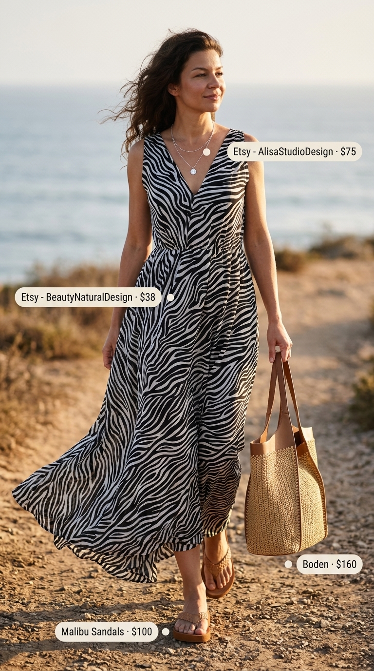 Bohemian animal print summer outfits for women 2026: Zebra print maxi dress with straw hat and woven tote.