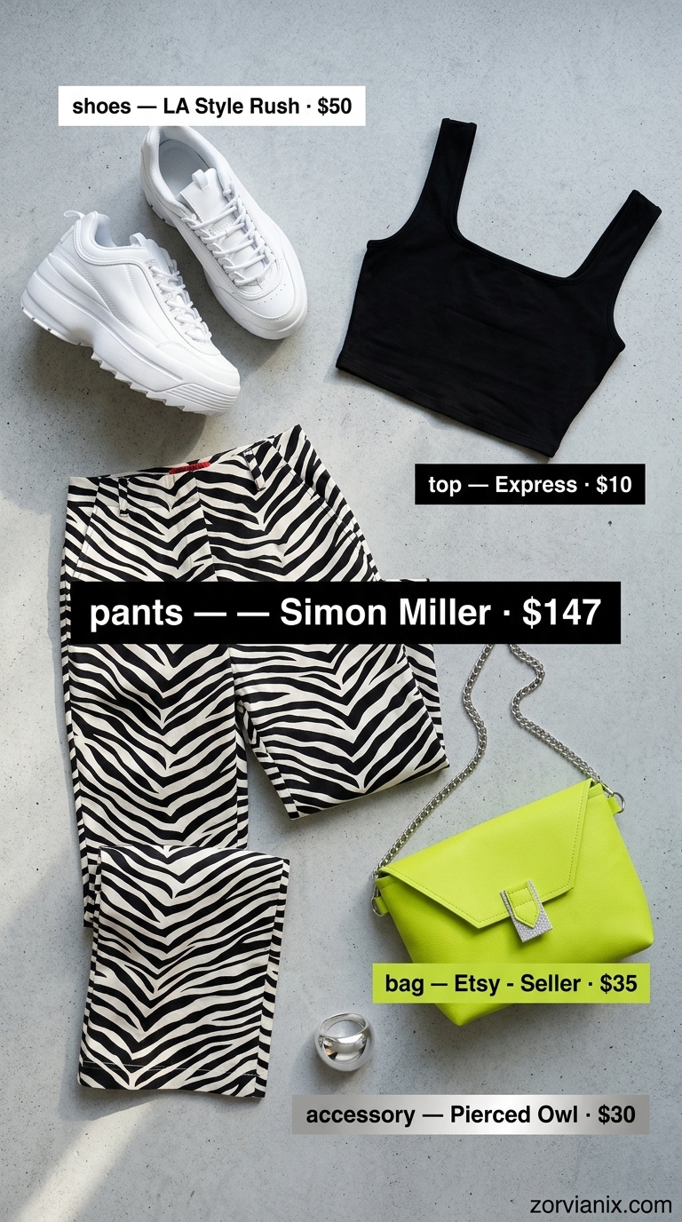 Zebra print wide-leg trousers with crop top and lime green bag for animal print summer outfits for women 2026.