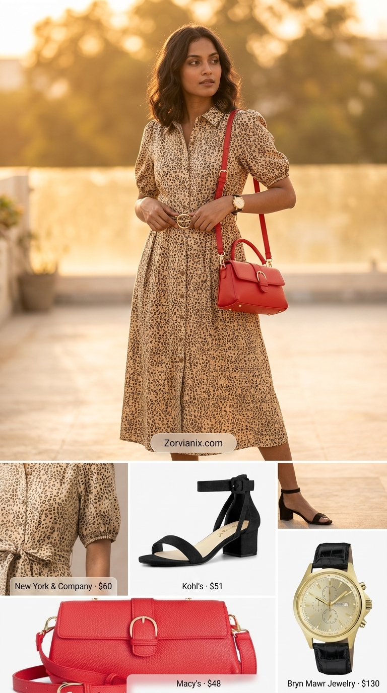Cheetah print midi dress outfit for women 2026. Polished look for brunch or work.
