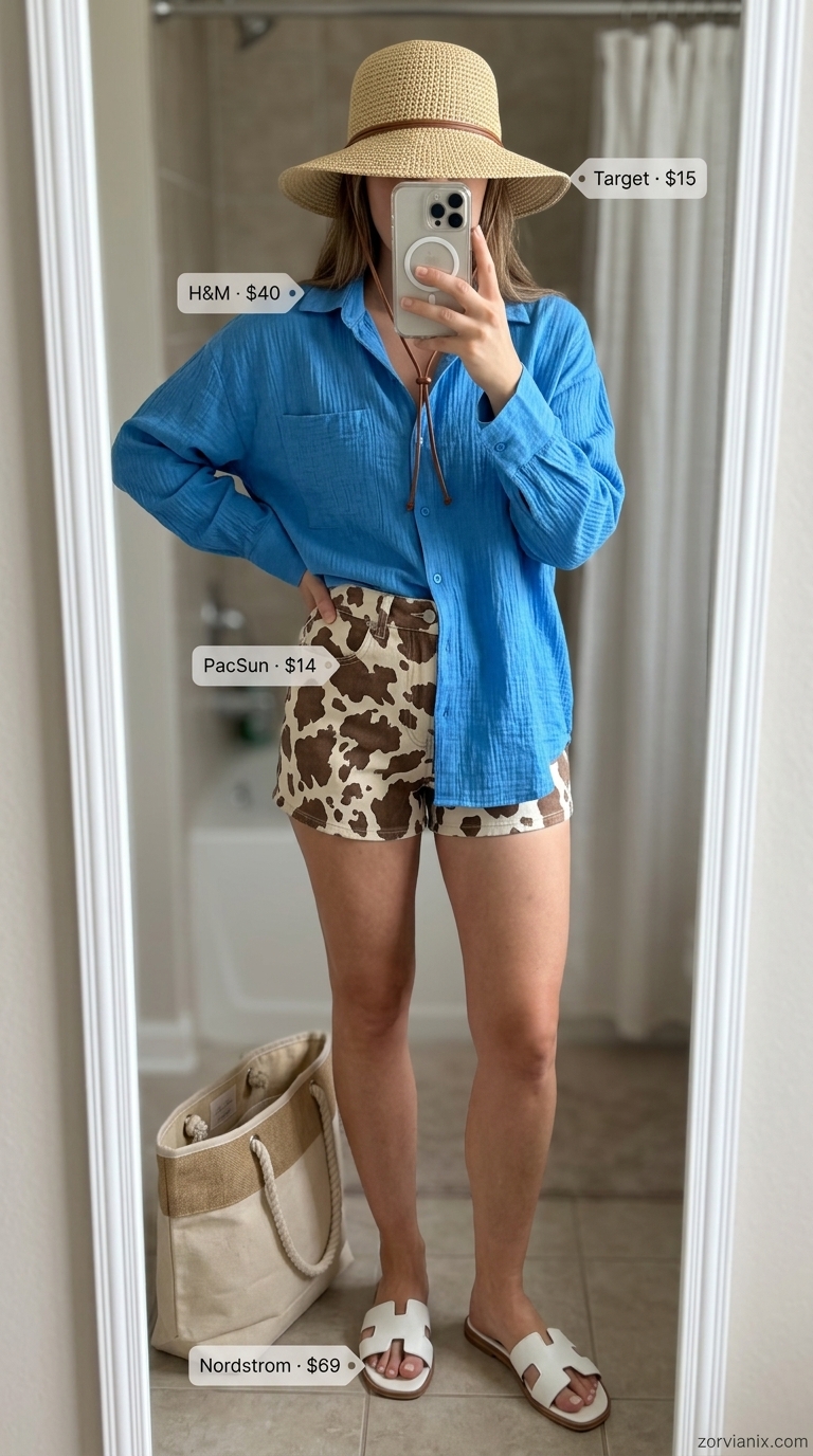 Cow print denim shorts outfit for women 2026. Relaxed beach day look.
