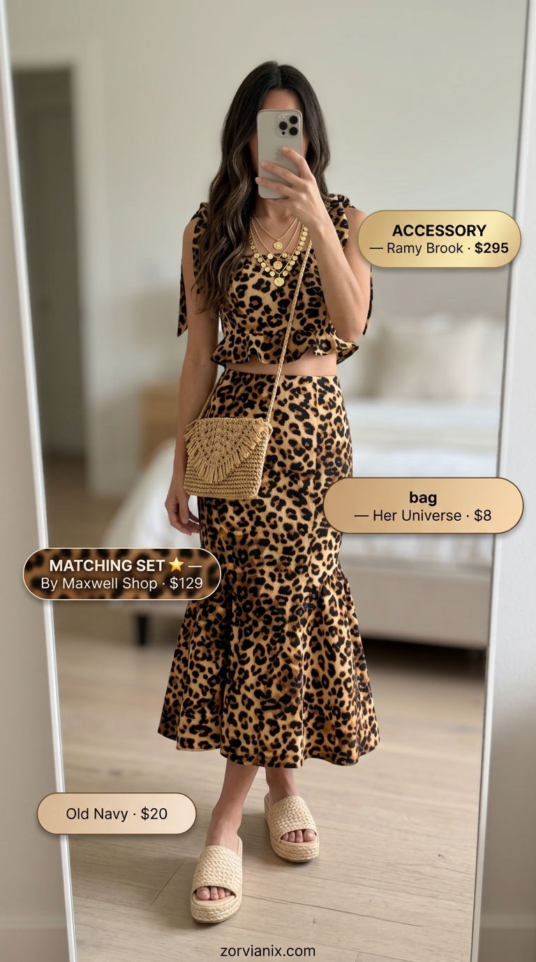 Leopard print matching set outfit for women 2026. Bohemian festival style.