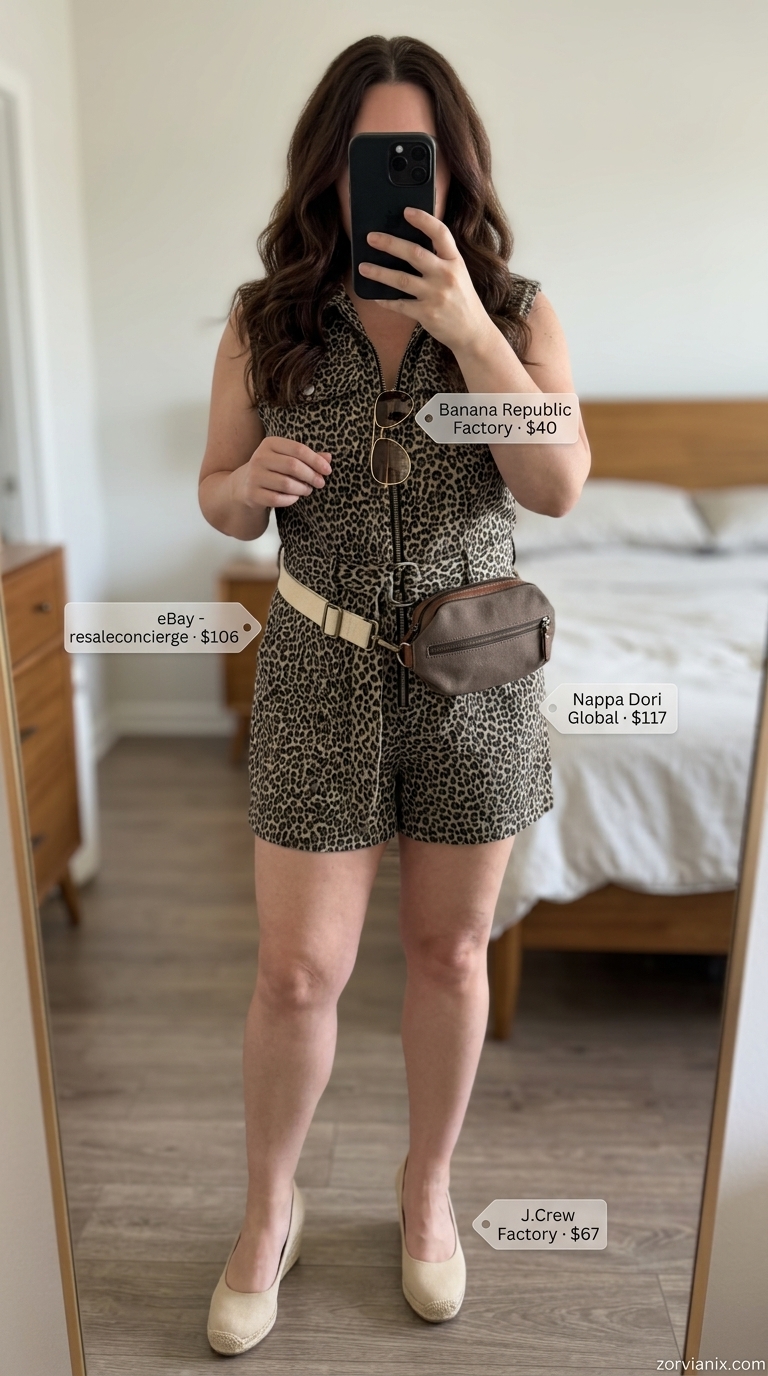 Leopard print utility jumpsuit outfit for women 2026. Sophisticated safari style for daytime events.