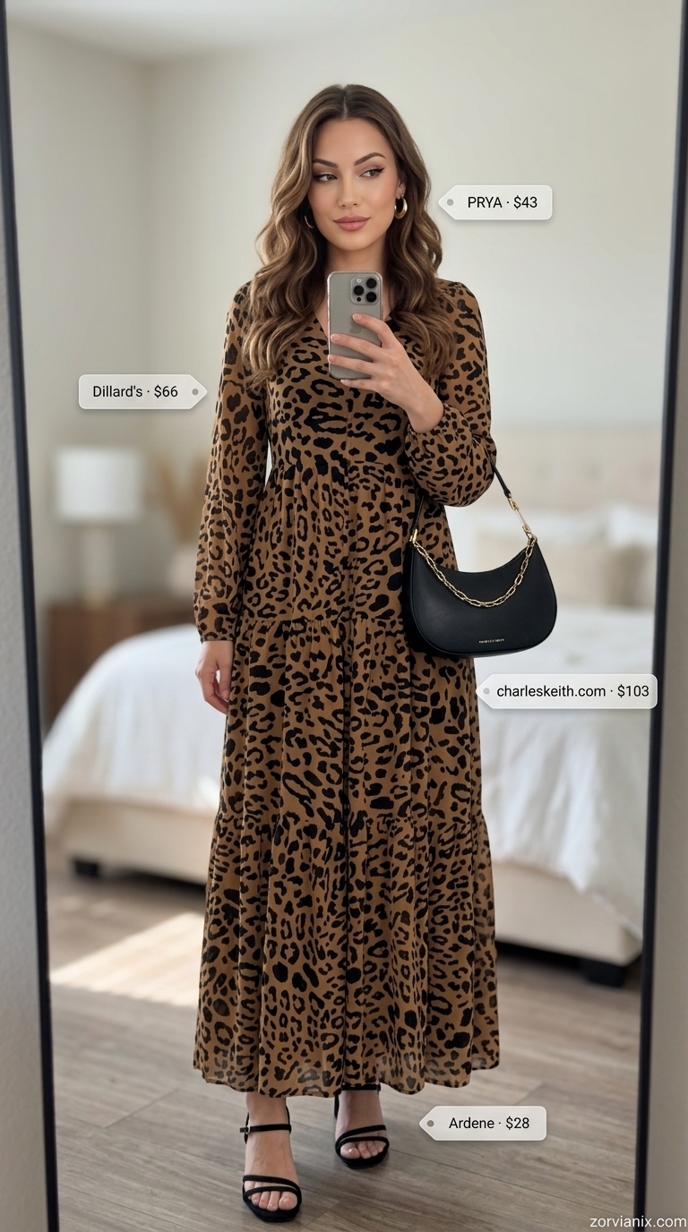 Brown animal print maxi dress outfit for women 2026. Glamorous resort dinner look.