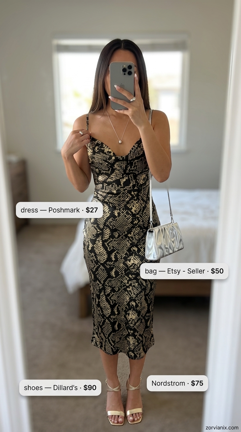 Snake print slip dress outfit for women 2026. Sultry look for date night.