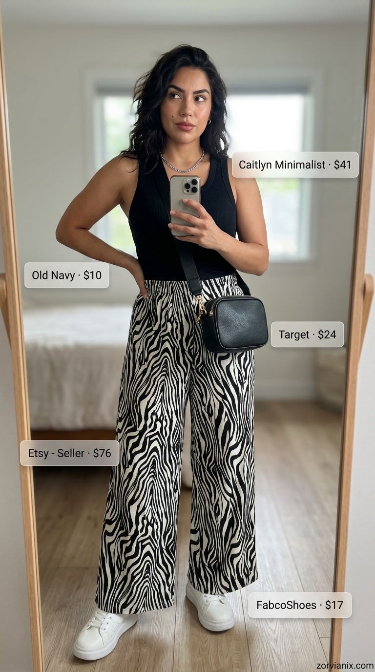 Zebra print wide-leg pants outfit for women 2026. Casual day out look with black tank and white sneakers.