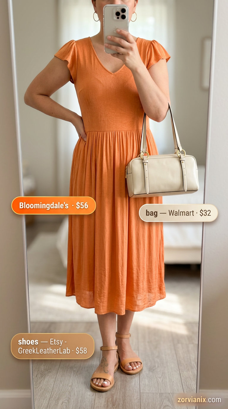Best Summer outfits for Apple figure shape 2026: Tangerine A-line dress with tan sandals for garden parties.