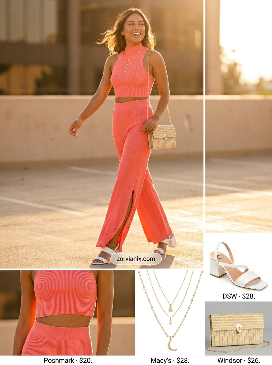Best Summer outfits for Apple figure shape 2026: Vibrant coral co-ord set with white sandals for parties.