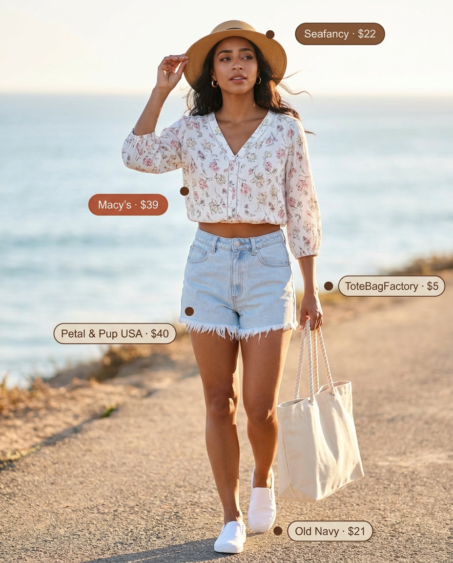 Best Summer outfits for Apple figure summer Shape 2026: Denim shorts, floral blouse, straw hat, and sneakers for a casual beach day.