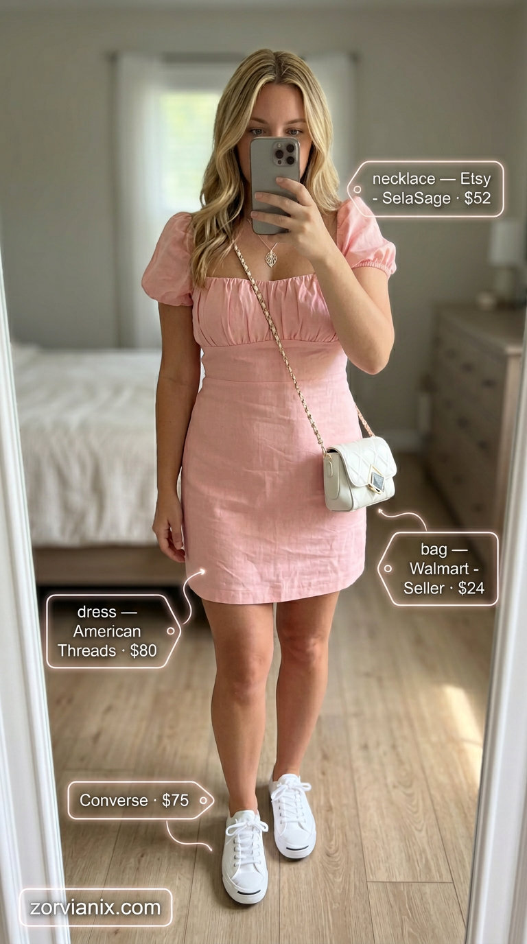 Best Summer outfits for Apple figure shape 2026: Blush pink embroidered mini dress with white sneakers for parties.