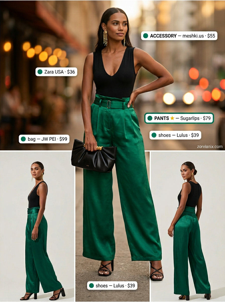 Best Summer outfits for Apple figure shape 2026: Emerald wide-leg pants, black bodysuit, gold earrings for cocktail parties.