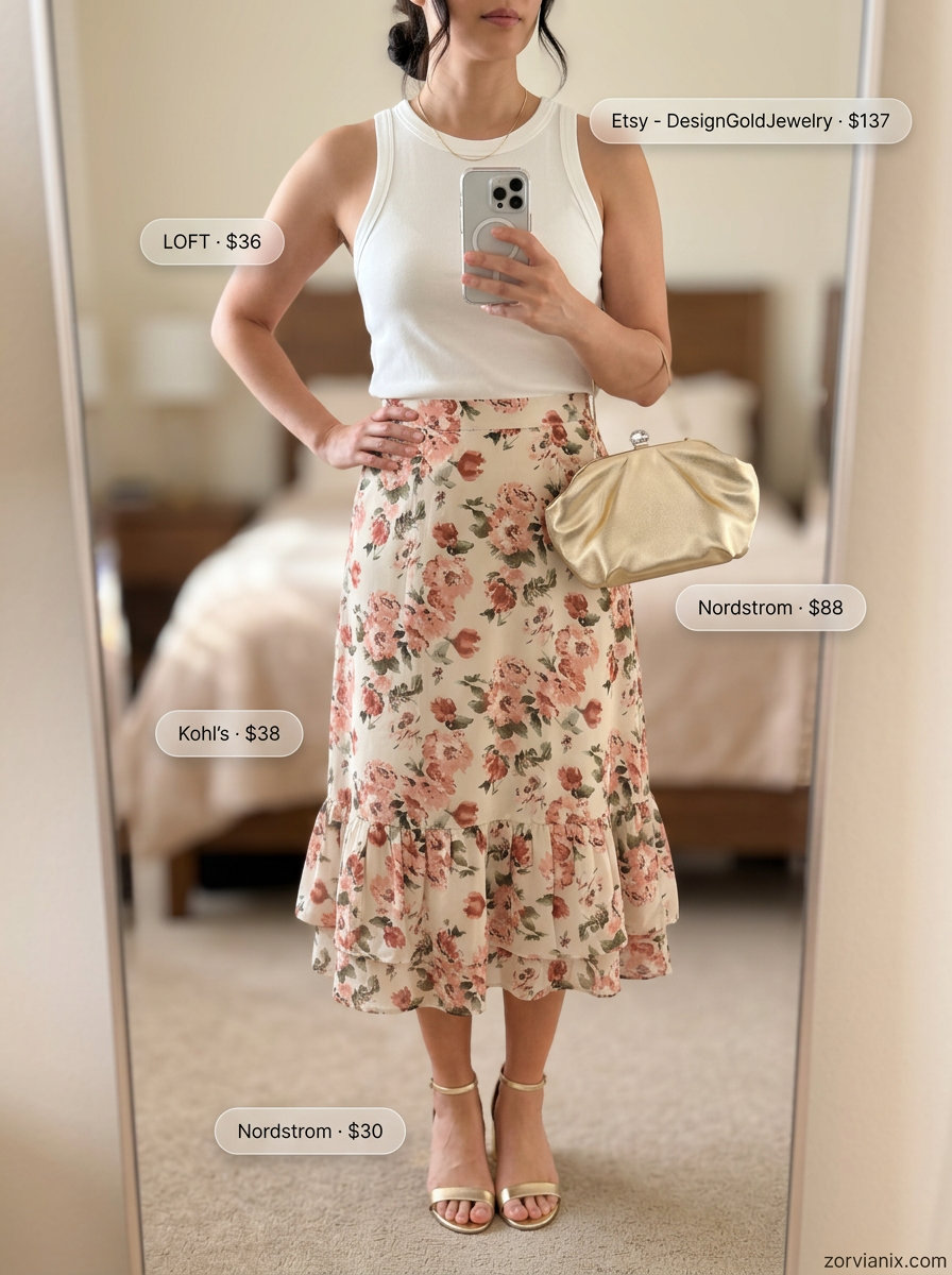 Best Summer outfits for Apple figure shape 2026: Floral midi skirt, cream tank, gold necklaces for weddings.
