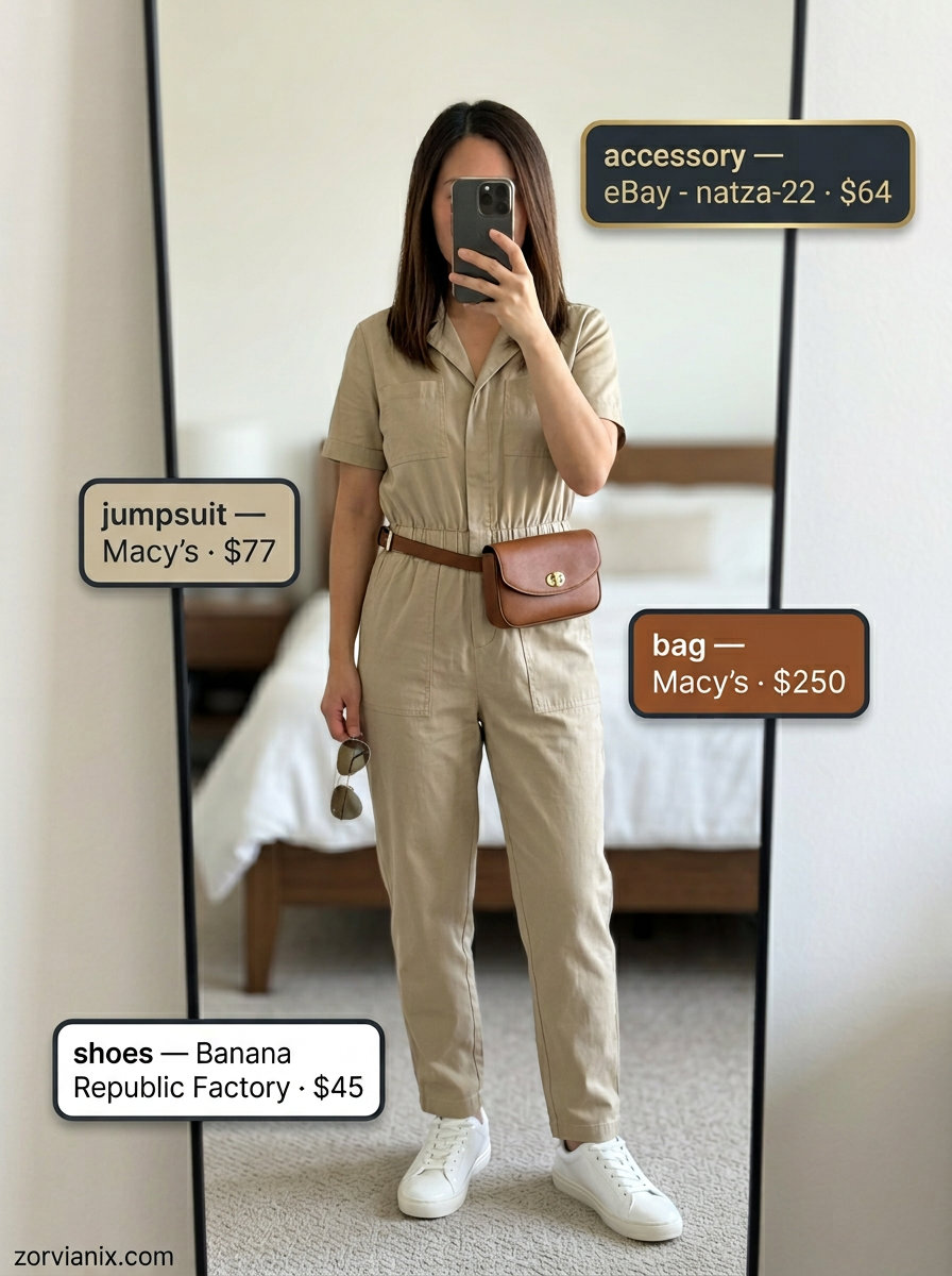 Best Summer outfits for Apple figure summer Shape 2026: Khaki utility jumpsuit with sneakers for a chic casual look.