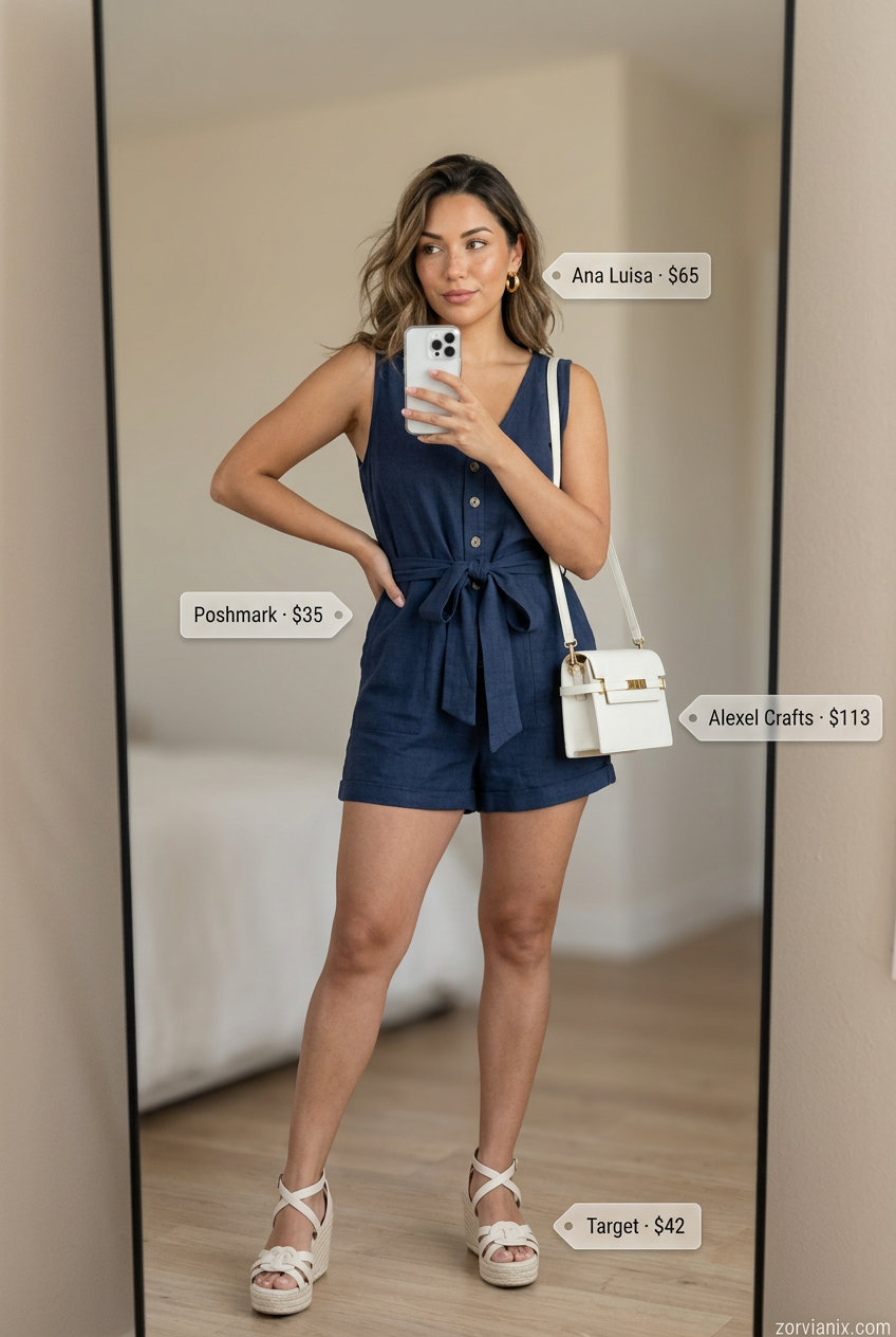 Best Summer outfits for Apple figure summer Shape 2026: Navy linen romper with espadrilles for a chic casual day.