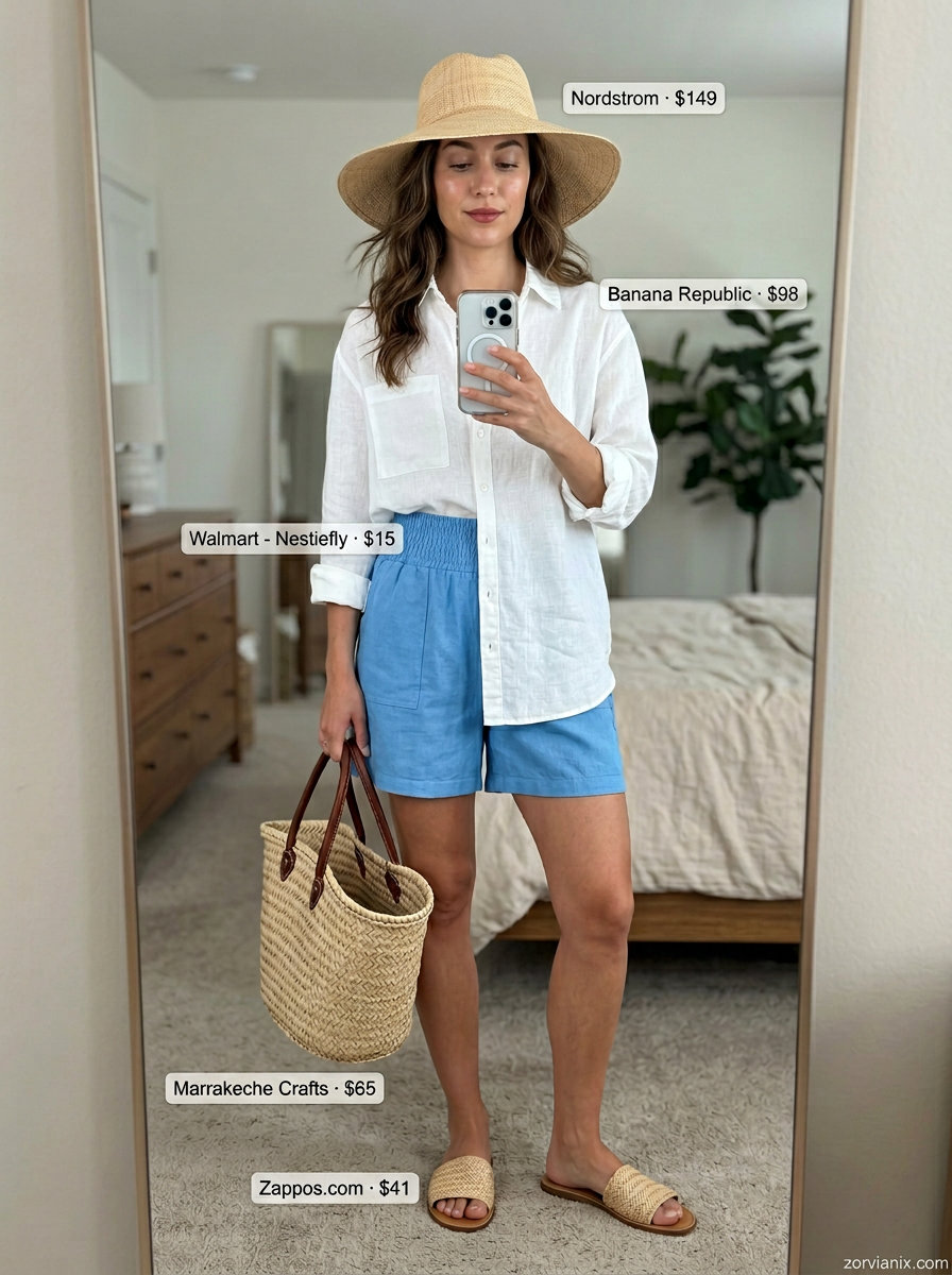 Best Summer outfits for Apple figure summer Shape 2026: Linen set with oversized shirt and shorts, perfect for vacation.