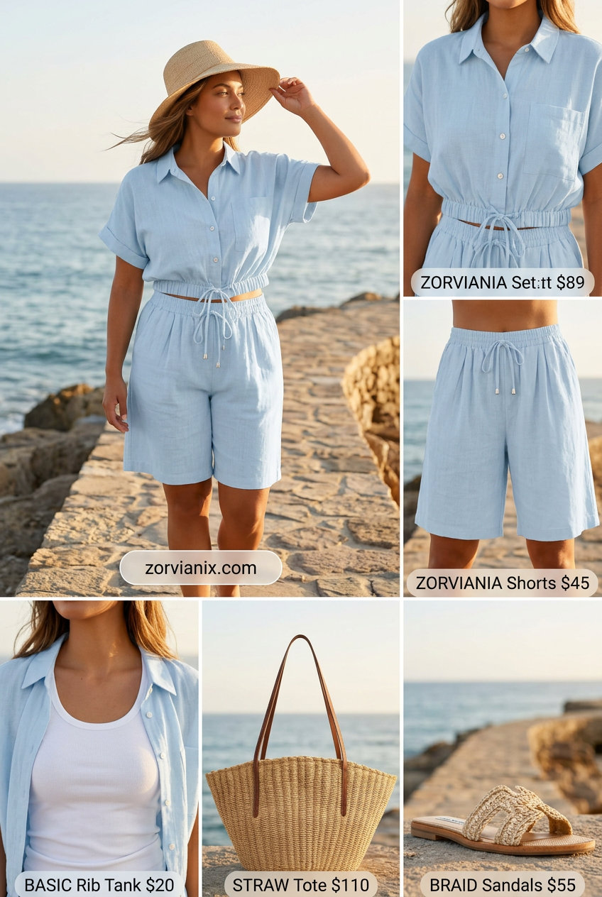 Best Summer outfits for Apple figure summer Shape 2026: Blue linen set with straw accessories for vacation.
