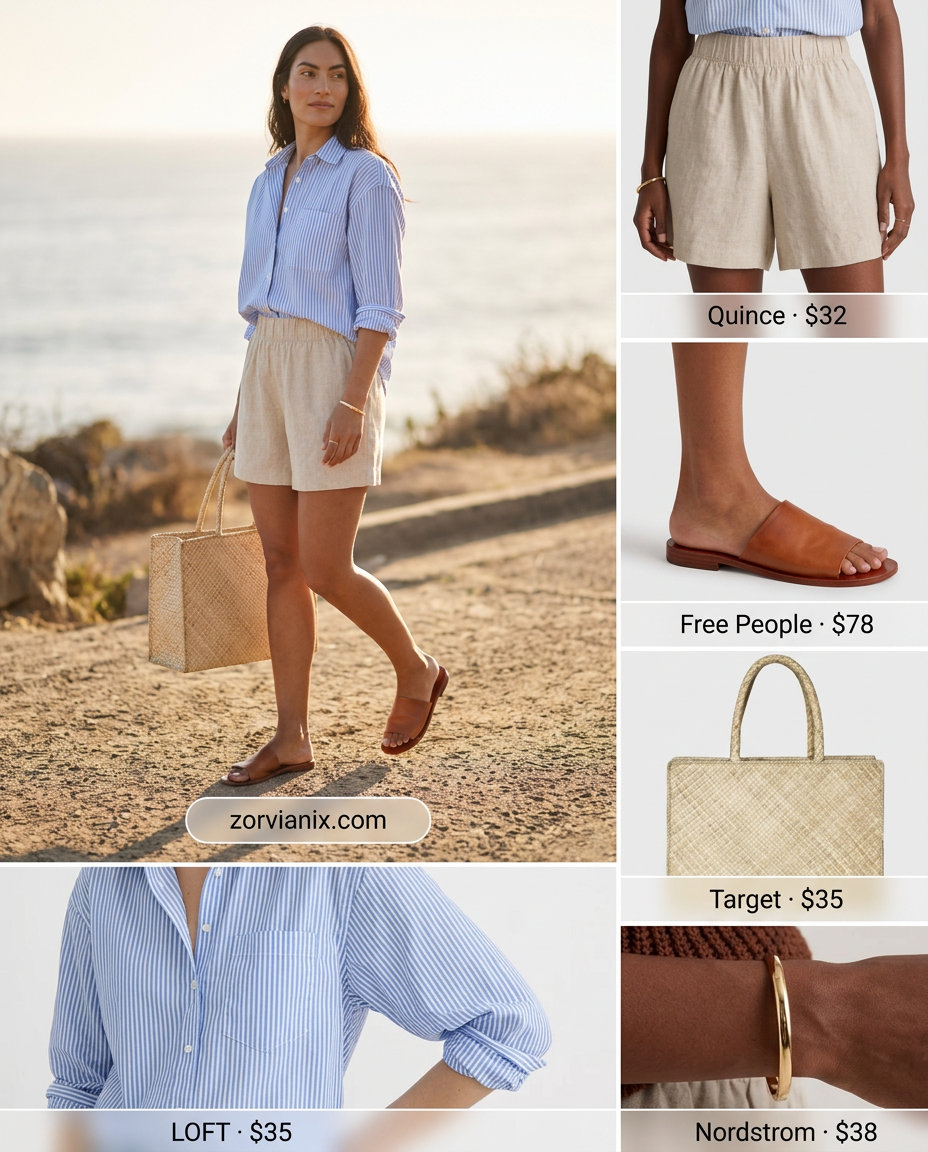 Best Summer outfits for Apple figure summer Shape 2026: Linen shorts and striped shirt for a relaxed vacation look.