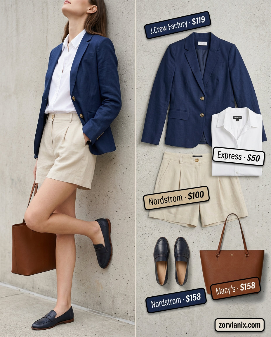 Best Summer outfits for Apple figure shape 2026: Tan linen shorts, white shirt, navy blazer for smart casual.