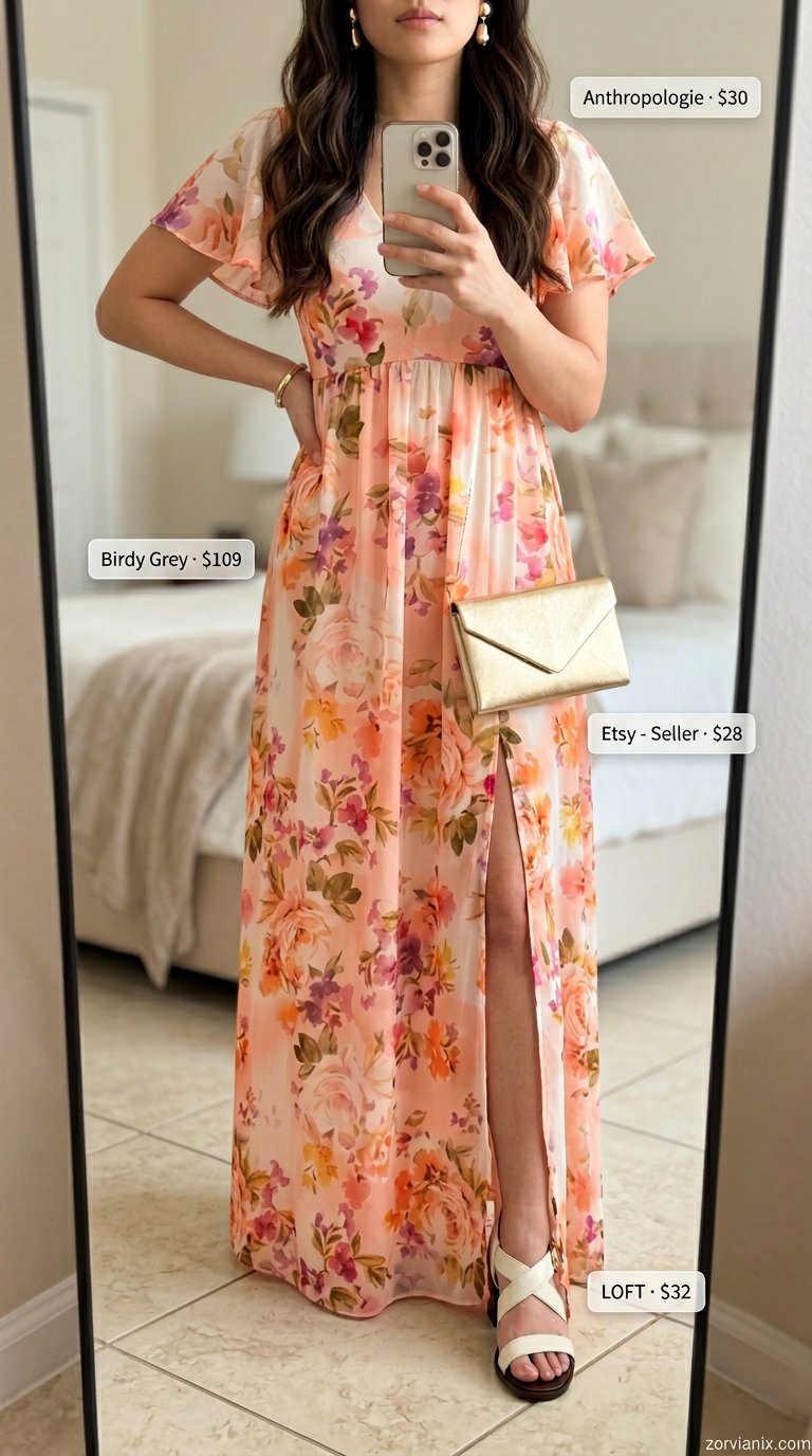 Best Summer outfits for Apple figure summer Shape 2026: Coral maxi dress with gold accessories for an evening event.