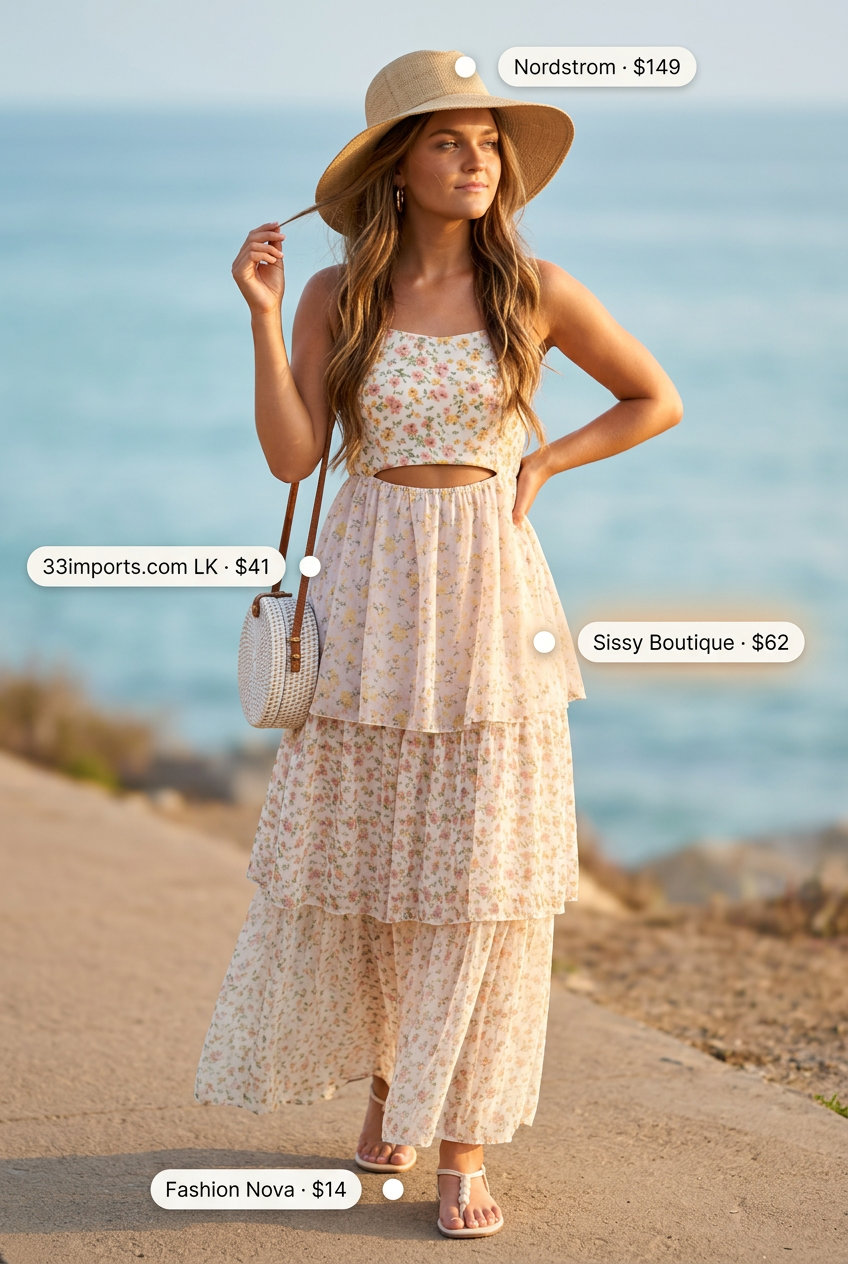Best Summer outfits for Apple figure summer Shape 2026: Floral maxi dress, straw hat, embellished sandals for beach.
