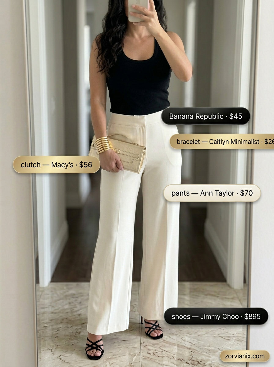 Best Summer outfits for Apple figure shape 2026: Cream palazzo pants, black tank, gold jewelry for evening events.