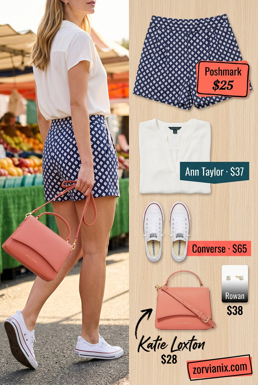 Best Summer outfits for Apple figure summer Shape 2026: Navy geometric shorts, white blouse, coral bag for casual days.