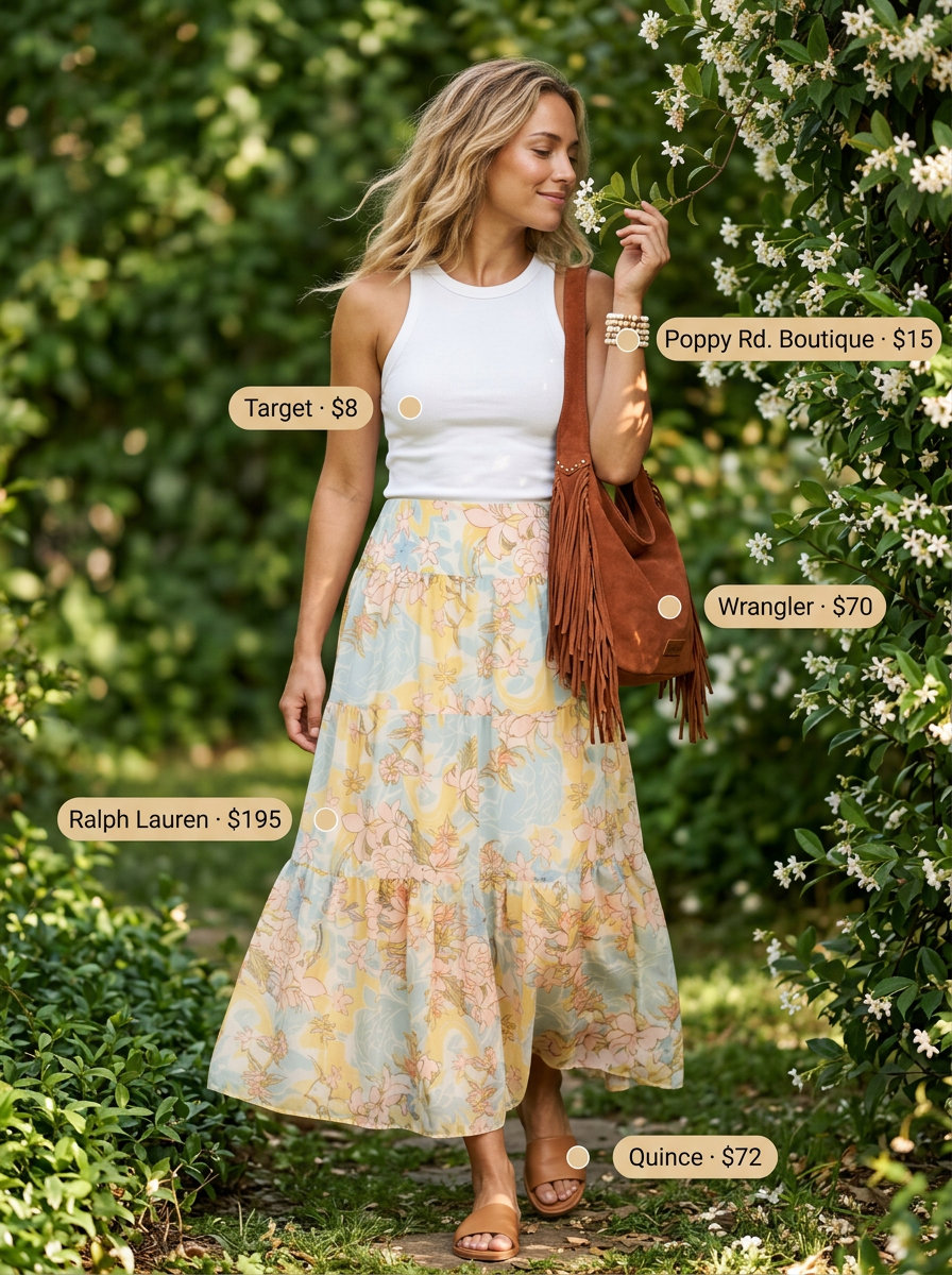 Best Summer outfits for Apple figure summer Shape 2026: Floral ruffle maxi skirt, white tank, suede bag for boho style.
