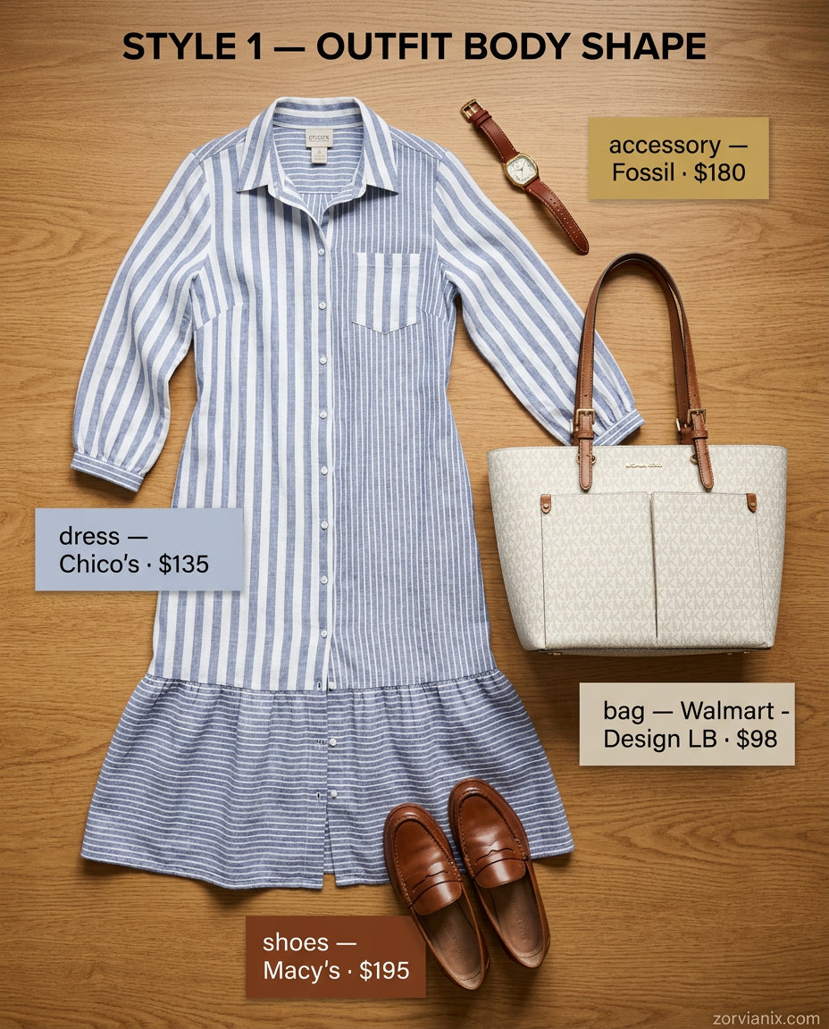 Best Summer outfits for Apple figure summer Shape 2026: Blue pinstripe shirt dress, tan loafers for office.