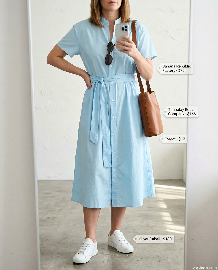 Best Summer outfits for Apple figure shape 2026: Pastel blue shirtdress with tan bag and white sneakers for brunch.