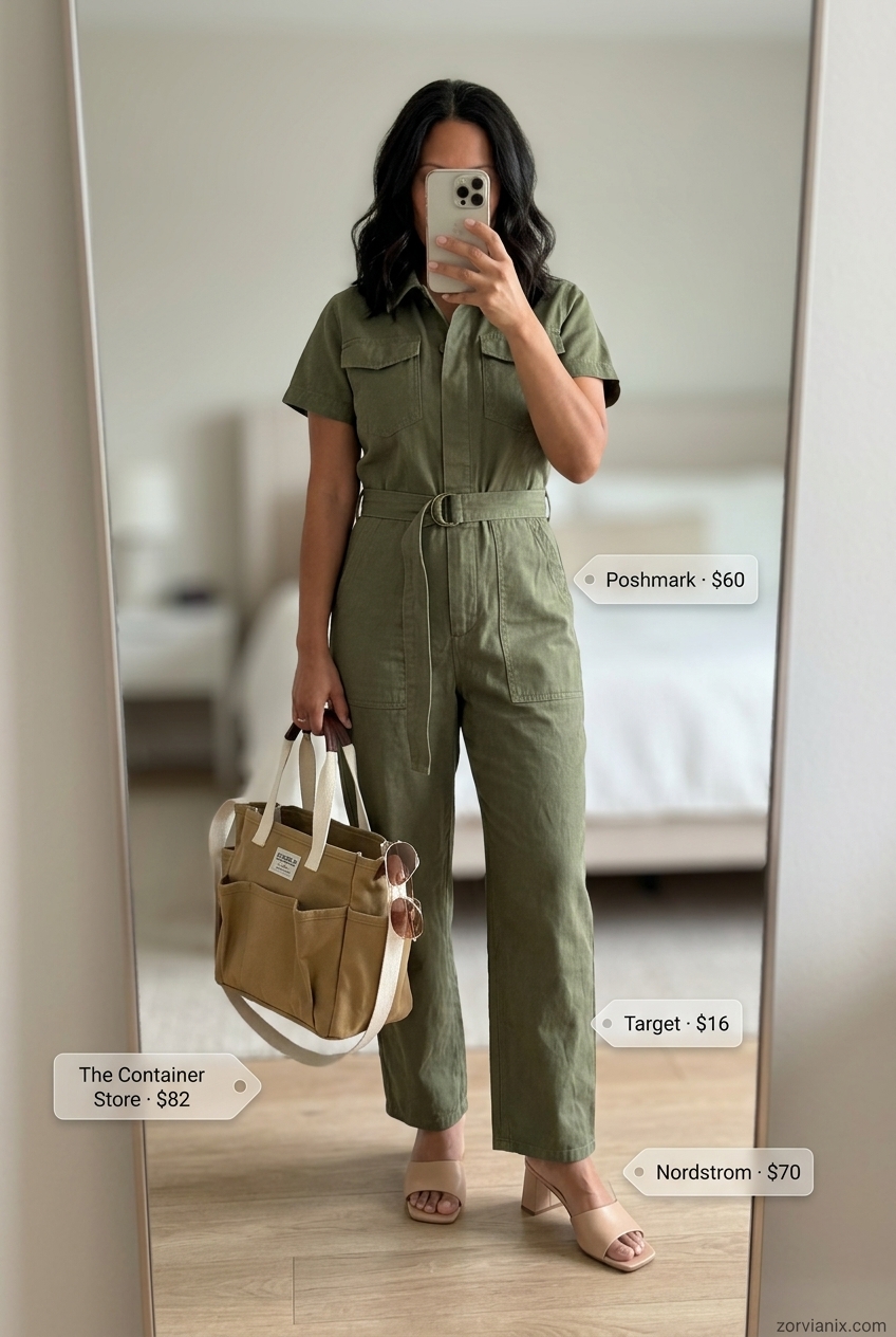 Best Summer outfits for Apple figure shape 2026: Olive utility jumpsuit with tan sandals for casual days.